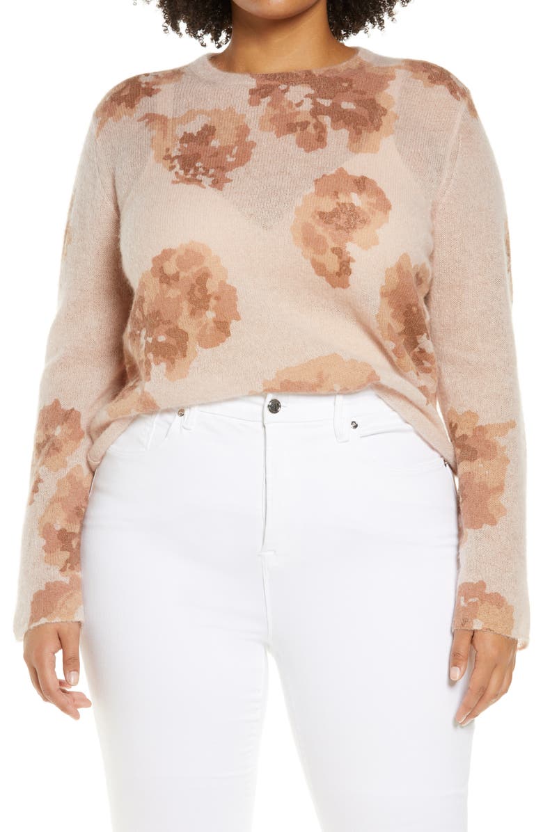 Vince Dahlia Print Alpaca & Mohair Blend Crewneck Sweater, Main, color, Cherry Blossom/ Terra Rose
