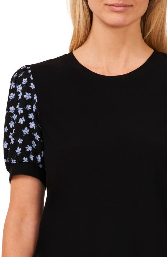 Shop Cece Floral Sleeve Mixed Media Knit Top In Rich Black
