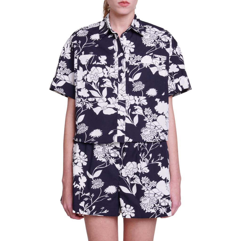 Maje Oversize Floral Short Sleeve Cotton Button-up Shirt In Black