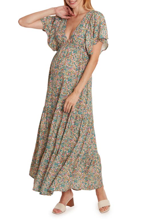 Shop Cache Coeur Victoria Floral Cotton Nursing/maternity Maxi Dress In Beige Multi