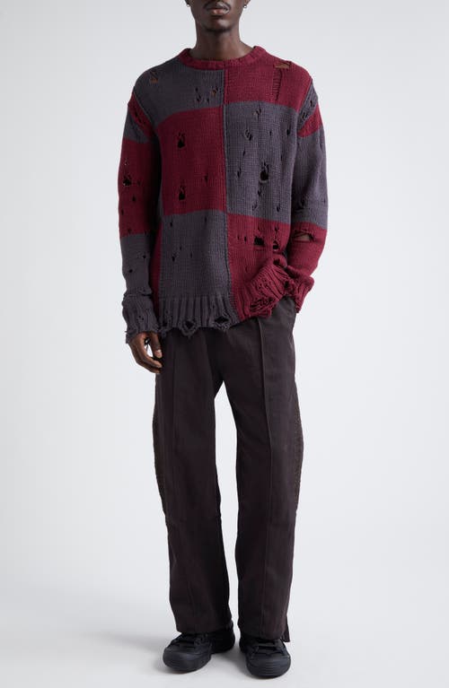 Shop Song For The Mute Checker Oversize Distressed Sweater In Burgundy/charcoal