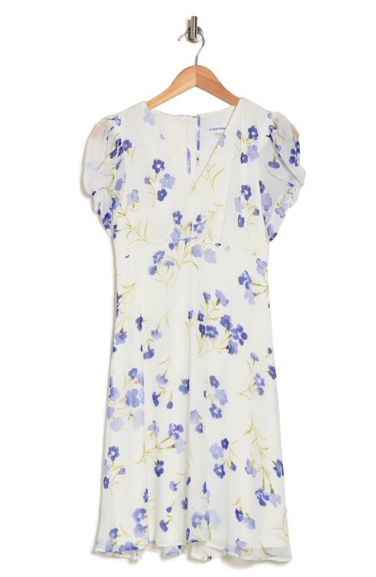 Calvin Klein Floral Print Chiffon A-line Dress In Marina Multi