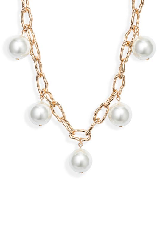 Shop Open Edit Imitation Pearl Curb Chain Necklace In White/ Gold