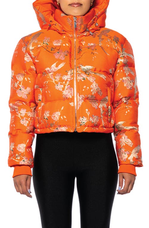 Brocade Print Crop Puffer Jacket with Removable Hood in Orange