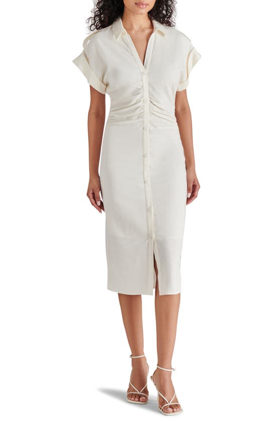 Shop Steve Madden Cambrie Ruched Linen Blend Midi Dress In Ivory
