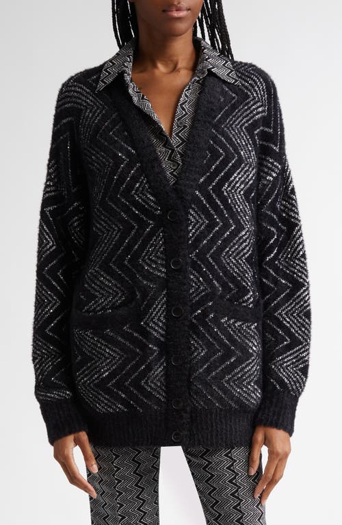 Shop Missoni Oversize Sequin Embellished Zigzag Cardigan In Base Black And Zigzag White