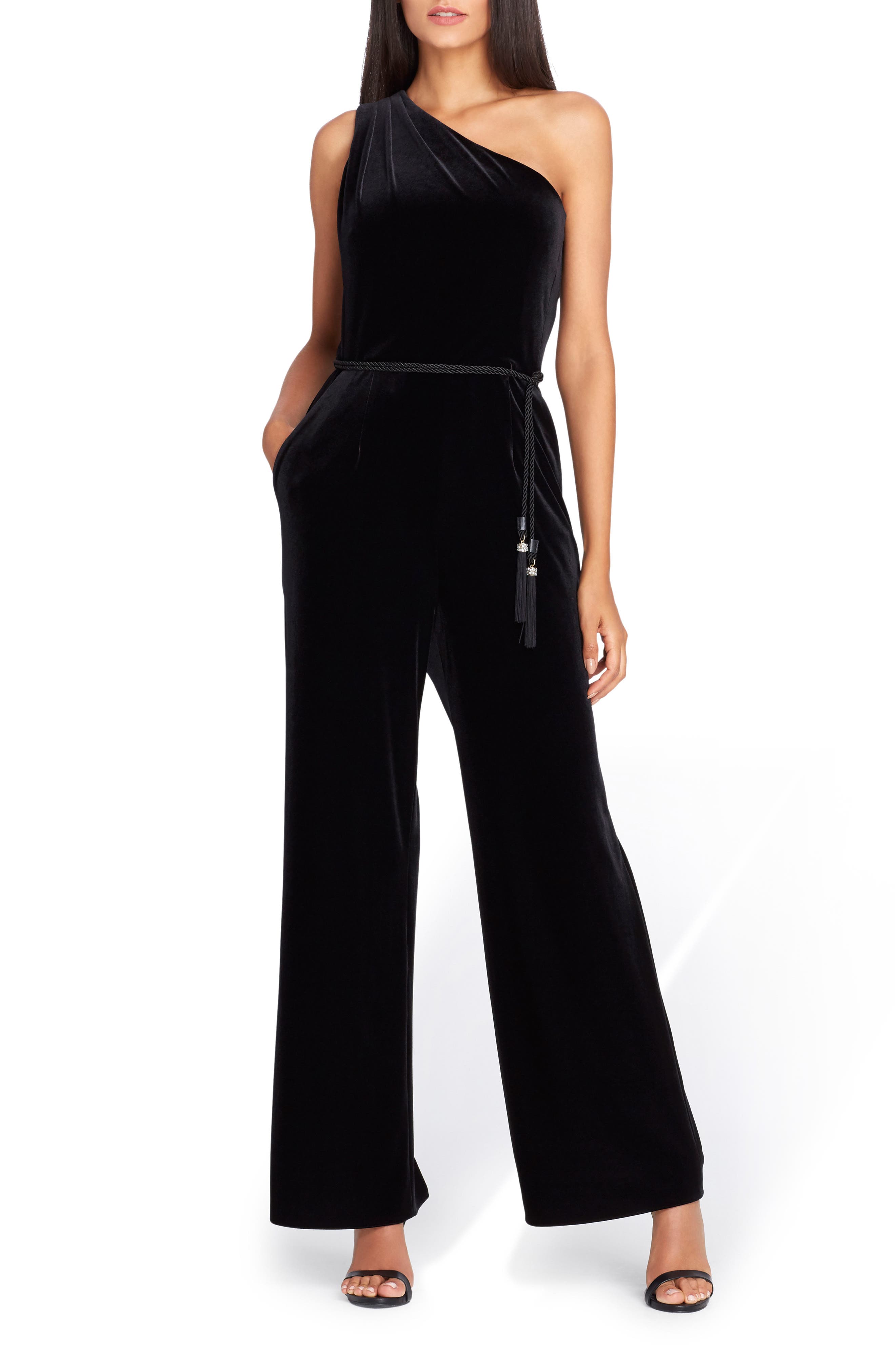 one shoulder velvet jumpsuit