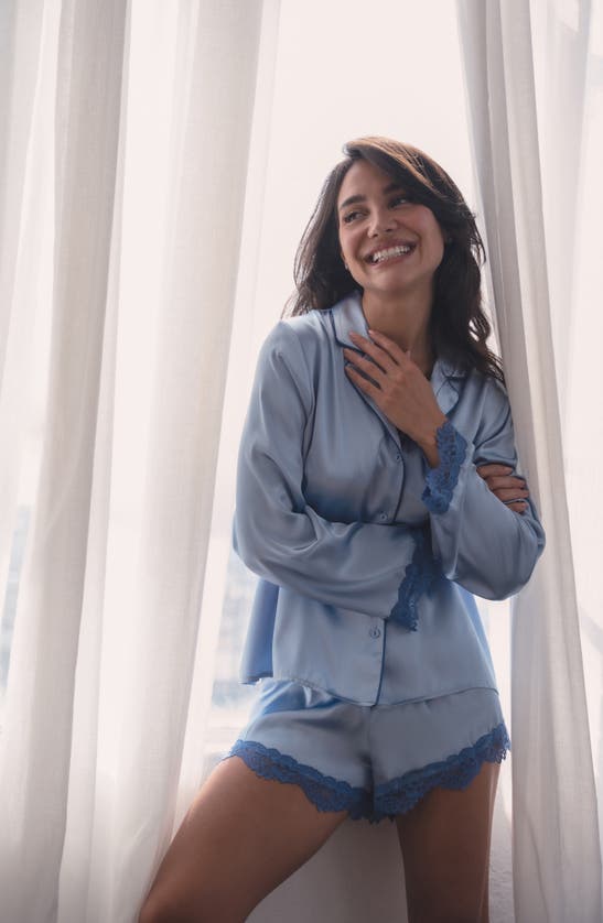 In Bloom By Jonquil Felicity Lace Trim Long Sleeve Satin Shorts Pajamas In Chambray