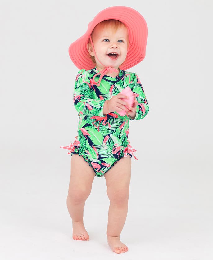 Shop Rufflebutts Girls Long Sleeve Upf50+ One Piece Rash Guard In Flamingo Frenzy