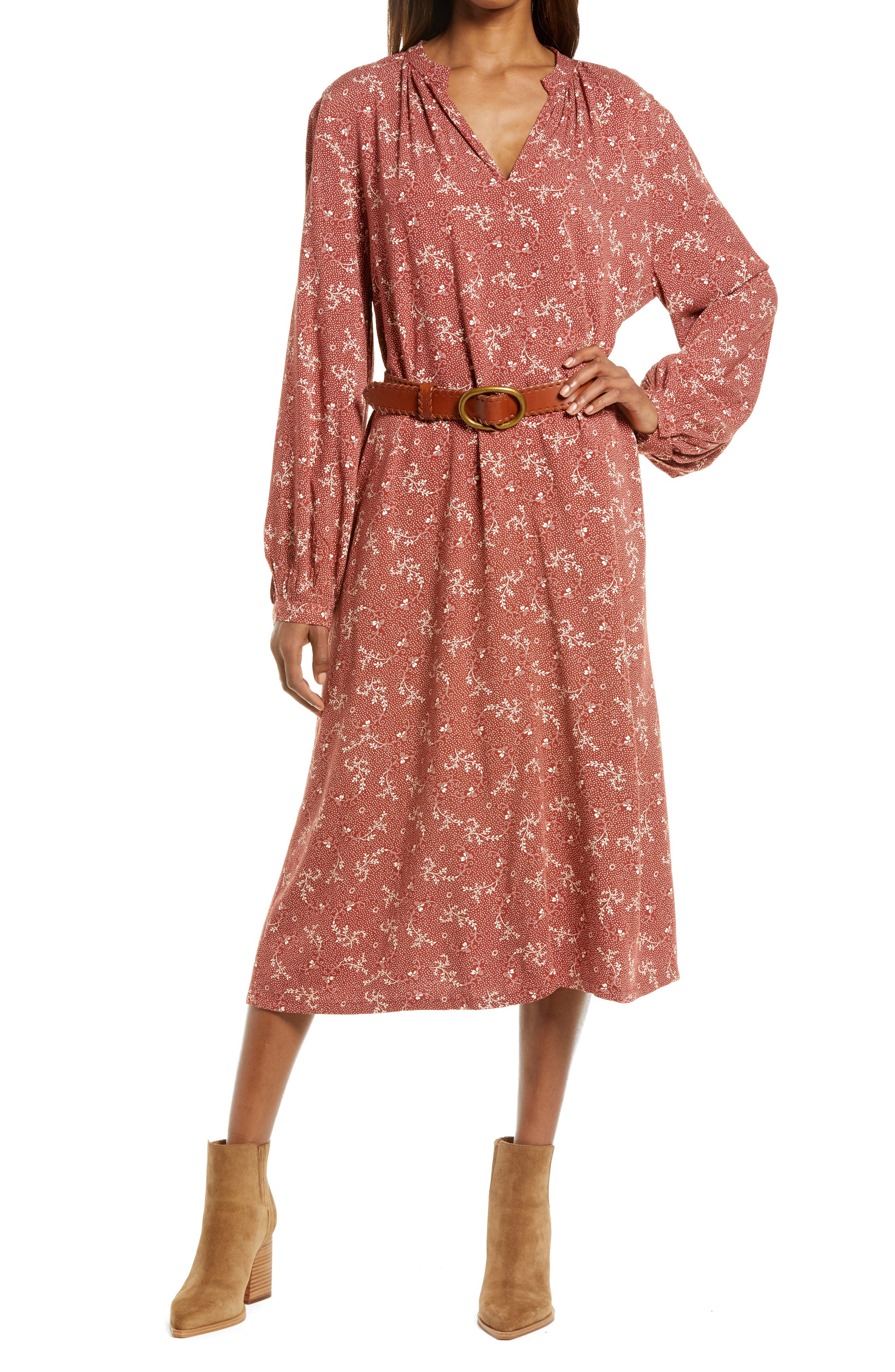 shirred long sleeve midi dress