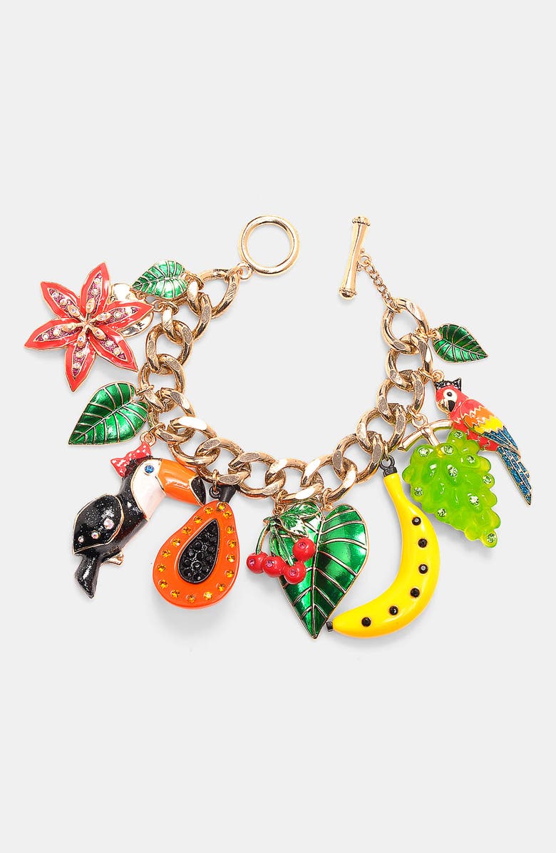 BETSEY JOHNSON 'Rio' Toucan & Fruit Charm Bracelet, Main, color, RIO MULTI