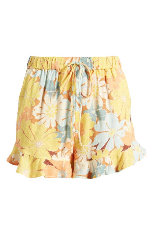 Shop Rip Curl Sunrise Session Floral Ruffle Hem Shorts In Yellow/dusty Blue