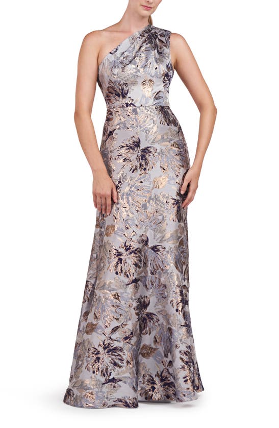 Shop Kay Unger Gianella Floral Metallic One Shoulder Gown In Lt. Chambray