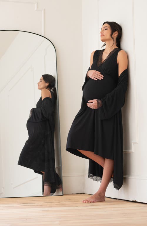 Shop Seraphine Lace Trim Wide Bracelet Sleeve Stretch Maternity Robe In Black