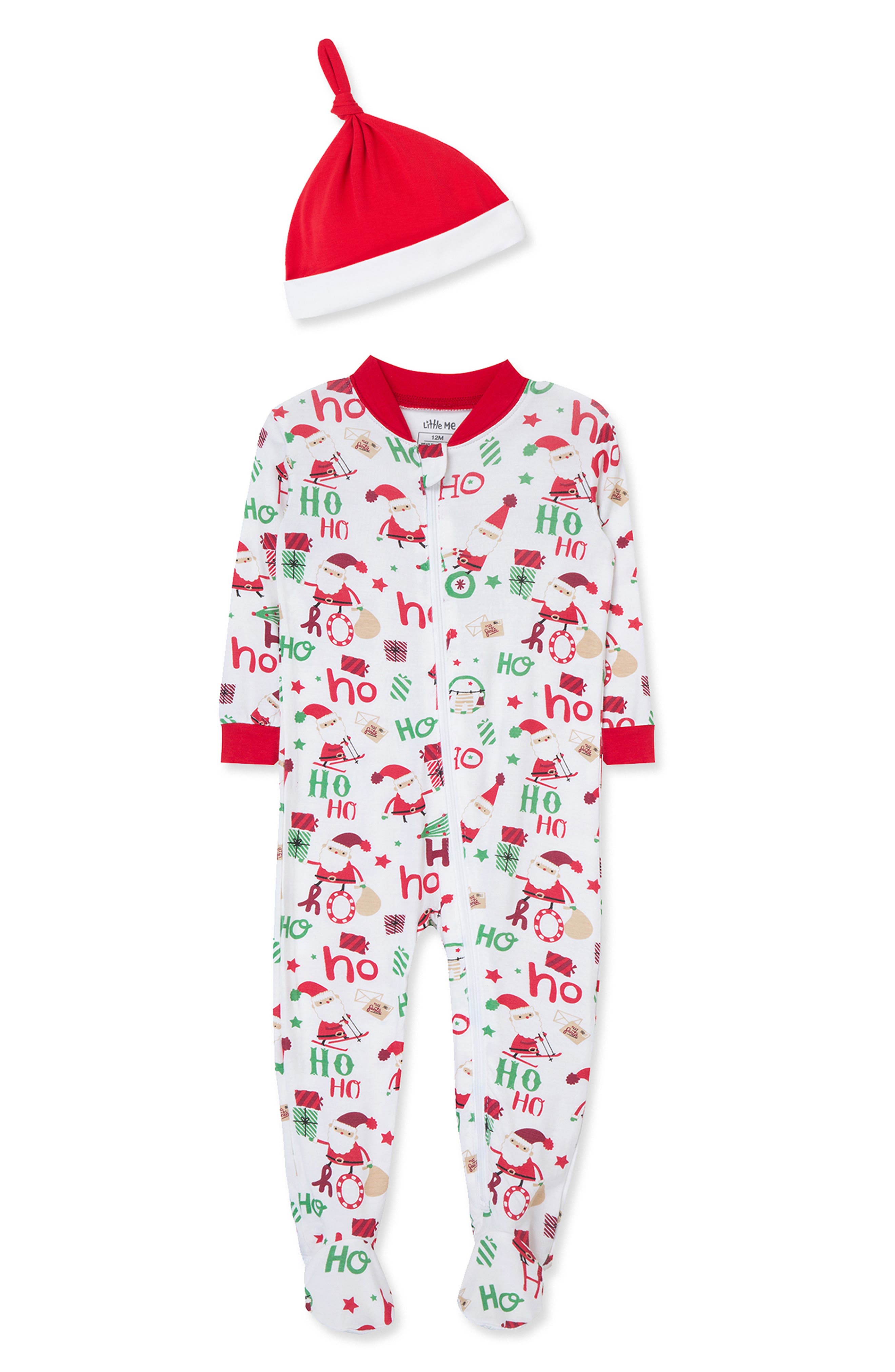 Little Me Ho Ho Ho Holiday Footie & Santa Hat Set in White Multi 