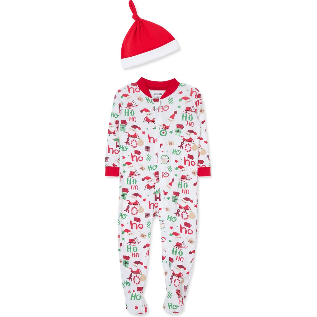 Little Me Ho Ho Ho Holiday Footie & Santa Hat Set in White Multi