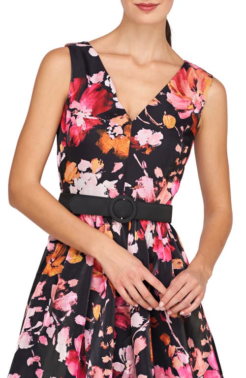 Shop Kay Unger Viola Floral Belted Sleeveless High-low Dress In Saffron/black