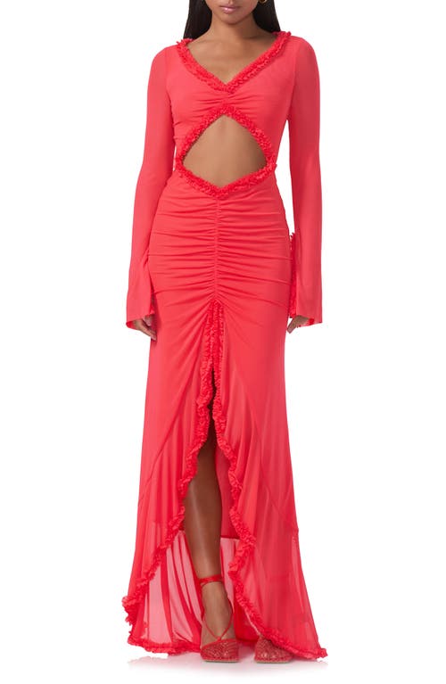 Shop Afrm Cat Ruched Semisheer Long Sleeve Cutout High-low Hem Maxi Dress In Cherry