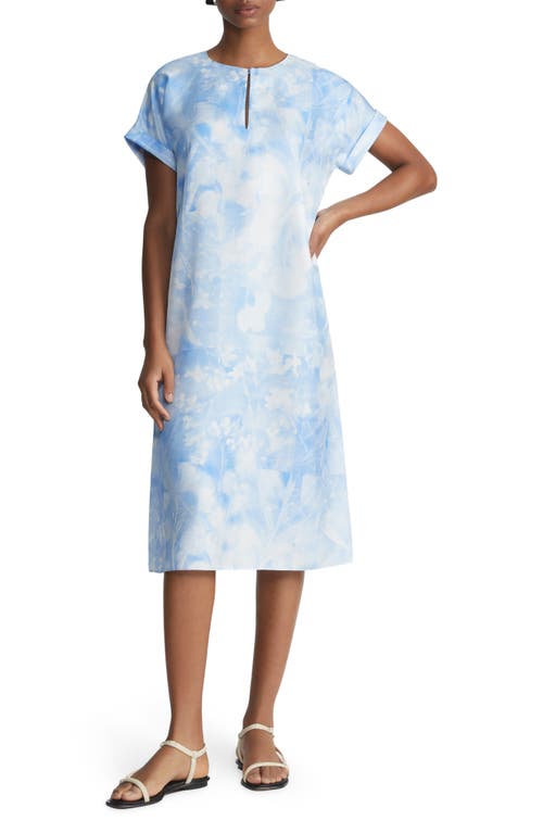 Flora Print Silk Twill Shift Dress in Sky Blue Multi