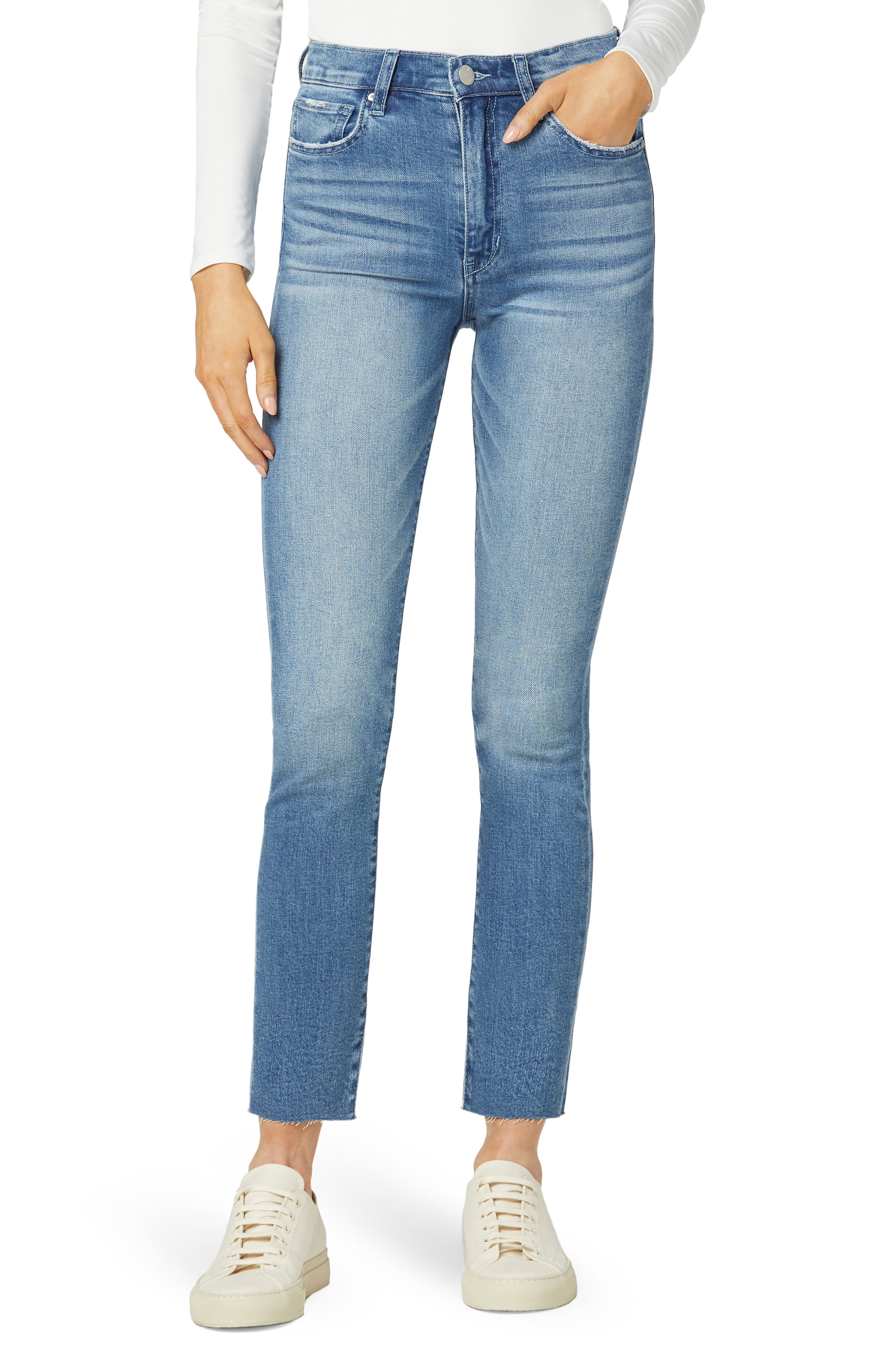 High Rise Straight Ankle Raw Hem Jeans 
