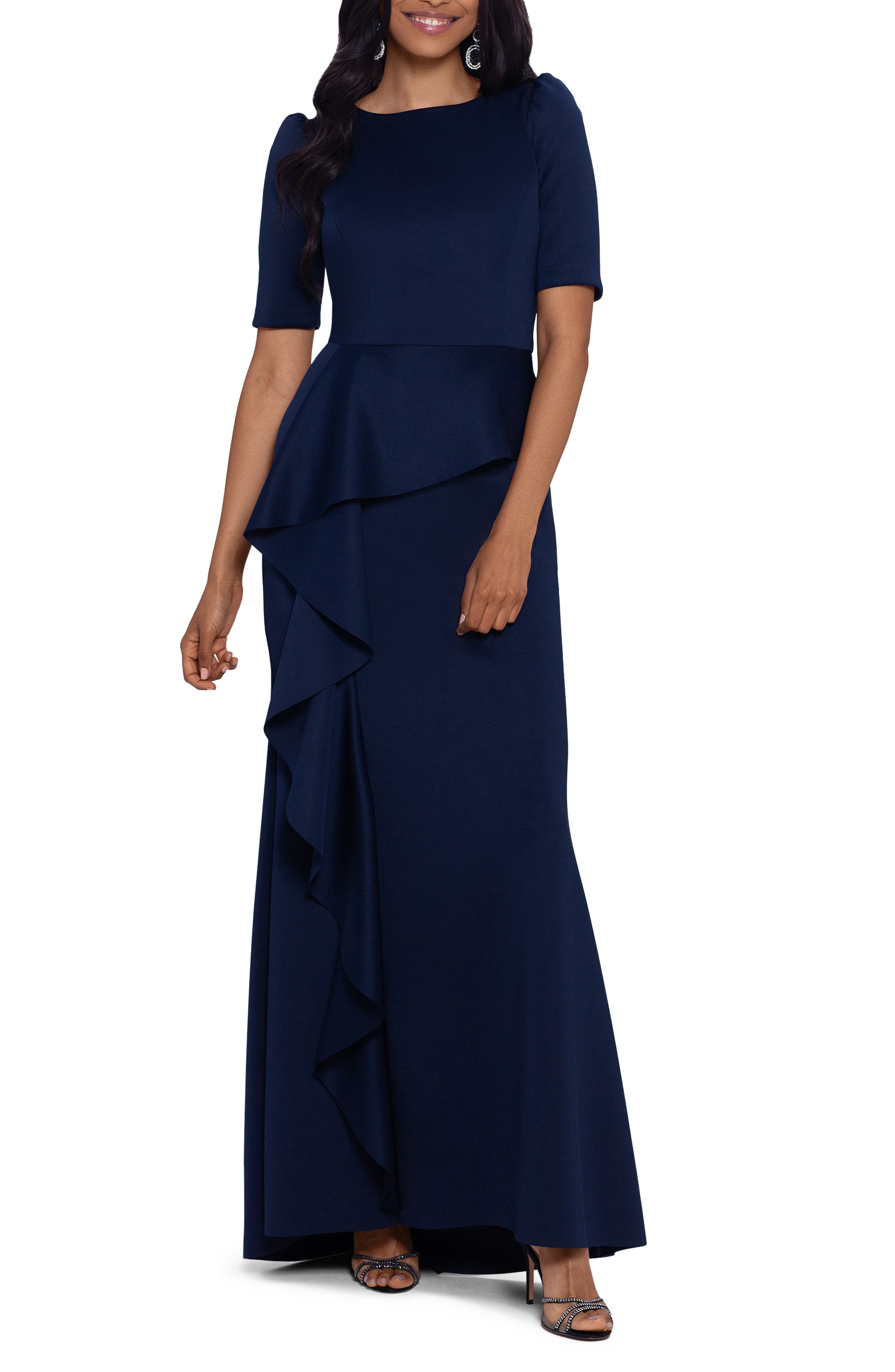 Xscape Ruffled Scuba Short Sleeve Gown Nordstrom
