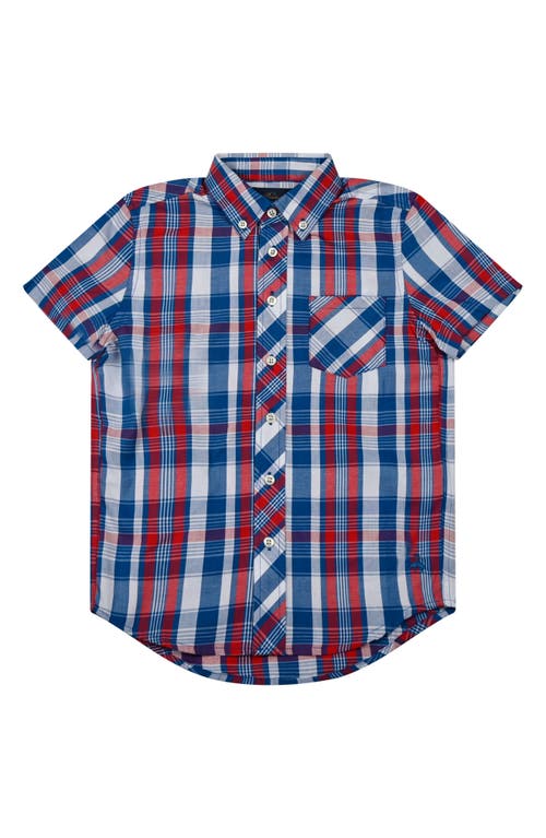 Brooks Brothers Kids' Plaid Short Sleeve Cotton Button-Down Shirt Blue at Nordstrom,