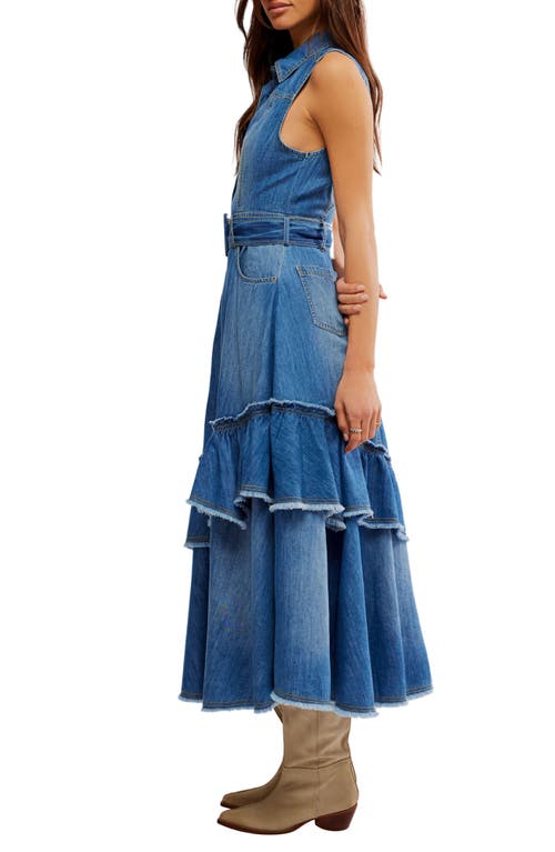 Shop Free People Beau Belted Asymmetric Hem Sleeveless Denim Shirtdress In Blue Grass