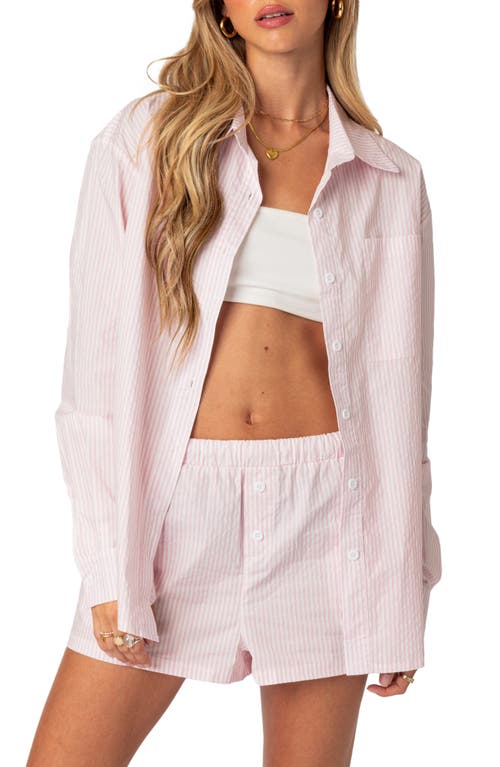 EDIKTED Pinstripe Oversize Button-Up Blouse Pink at Nordstrom,