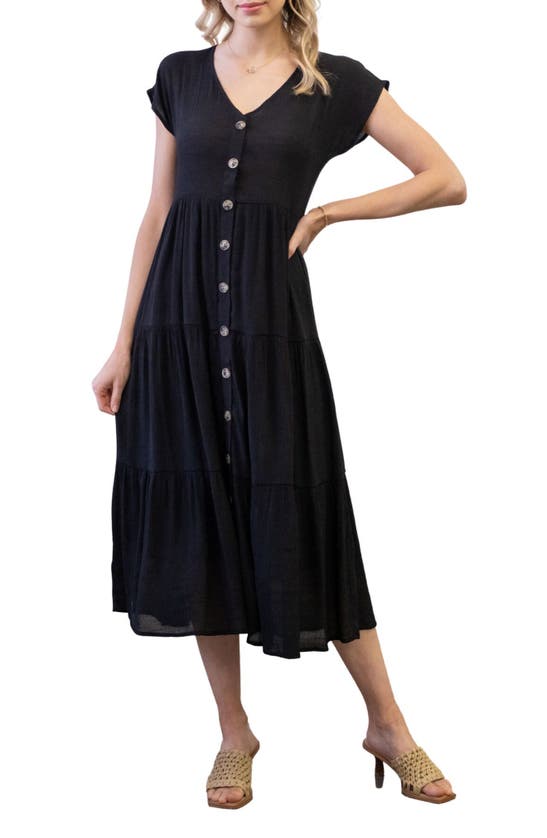 Blu Pepper Short Sleeve Faux Button Midi Dress In Black