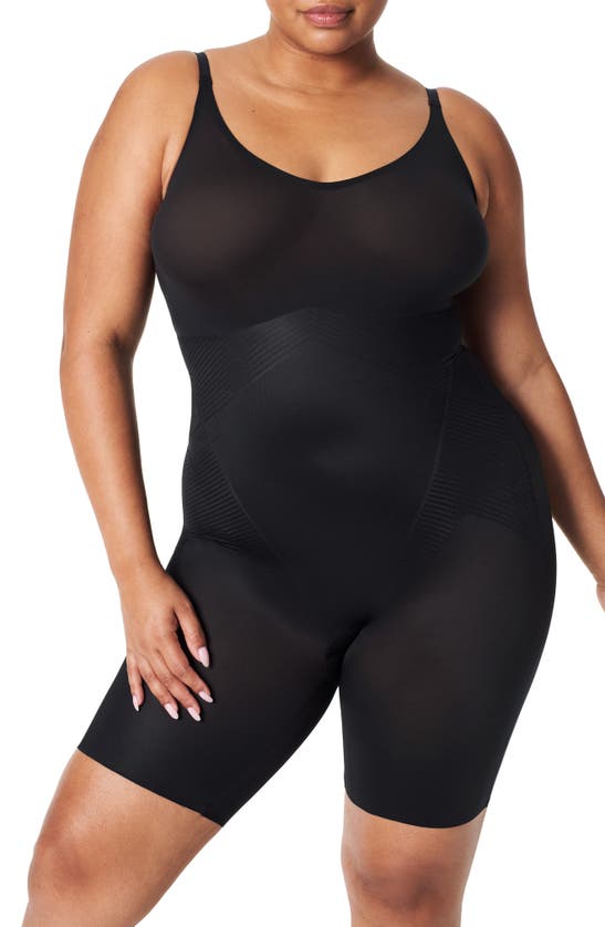 Shop Spanx Thinstincts 2.0 Mid-thigh Shaping Bodysuit In Very Black