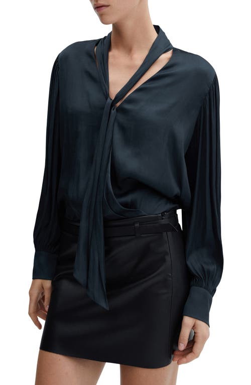 MANGO Tie Neck Satin Top in Charcoal at Nordstrom, Size 2