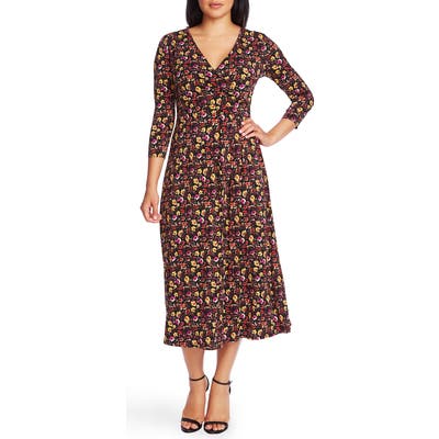 Chaus Mountain Blossom Ruched Waist Midi Dress, Black