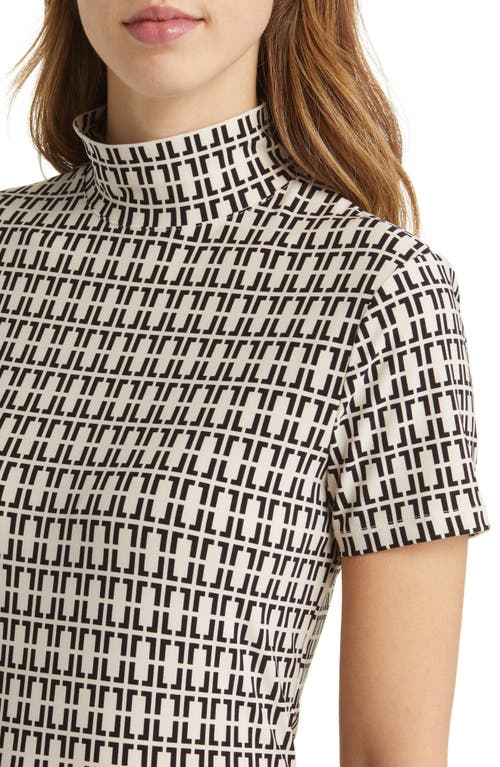 Shop Anne Klein Geo Print Short Sleeve Mock Neck Top In Anne White/anne Black