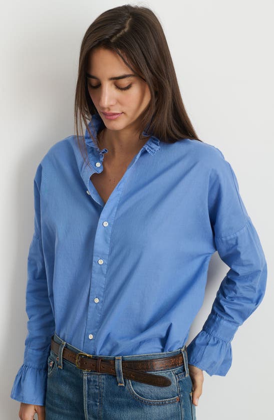 Shop Alex Mill Blake Ruffle Neck Cotton Button-up Shirt In Coastal Blue