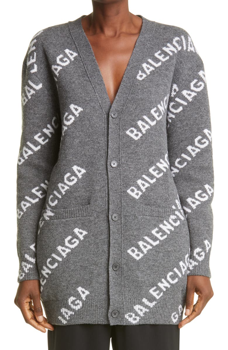 Balenciaga Oversize Logo Jacquard Wool Blend Cardigan, Main, color, 