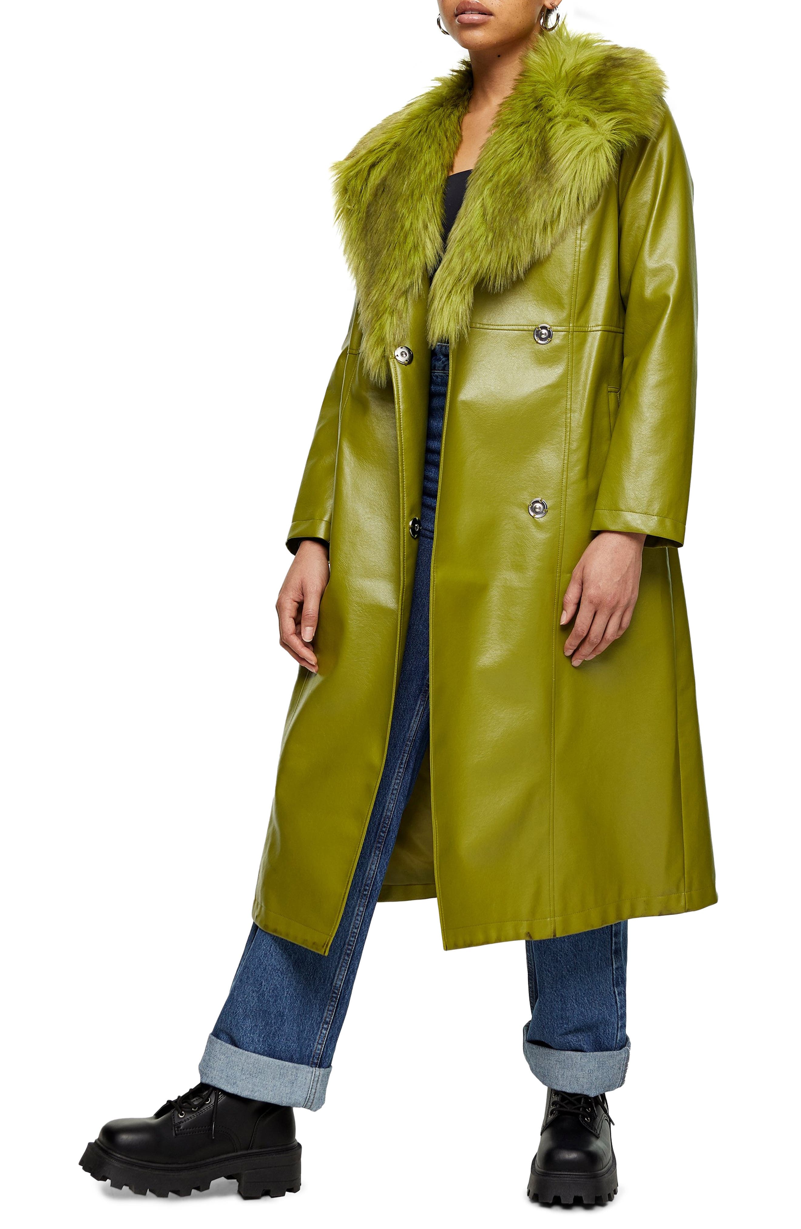 Topshop Sienna Faux Leather & Faux Fur Coat In Green