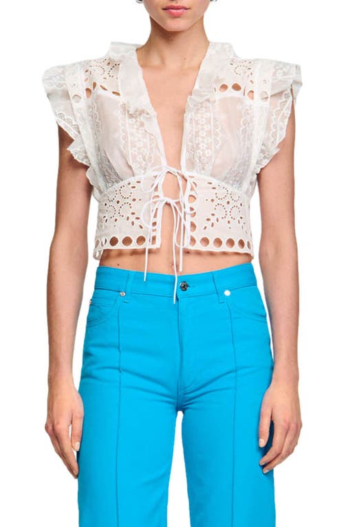 sandro Sahar Lace & Eyelet Basque Tie Front Crop Top in White 