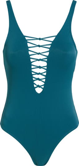 NICOLE MILLER NEW YORK Rib Lace-Up One-Piece Swimsuit | Nordstromrack