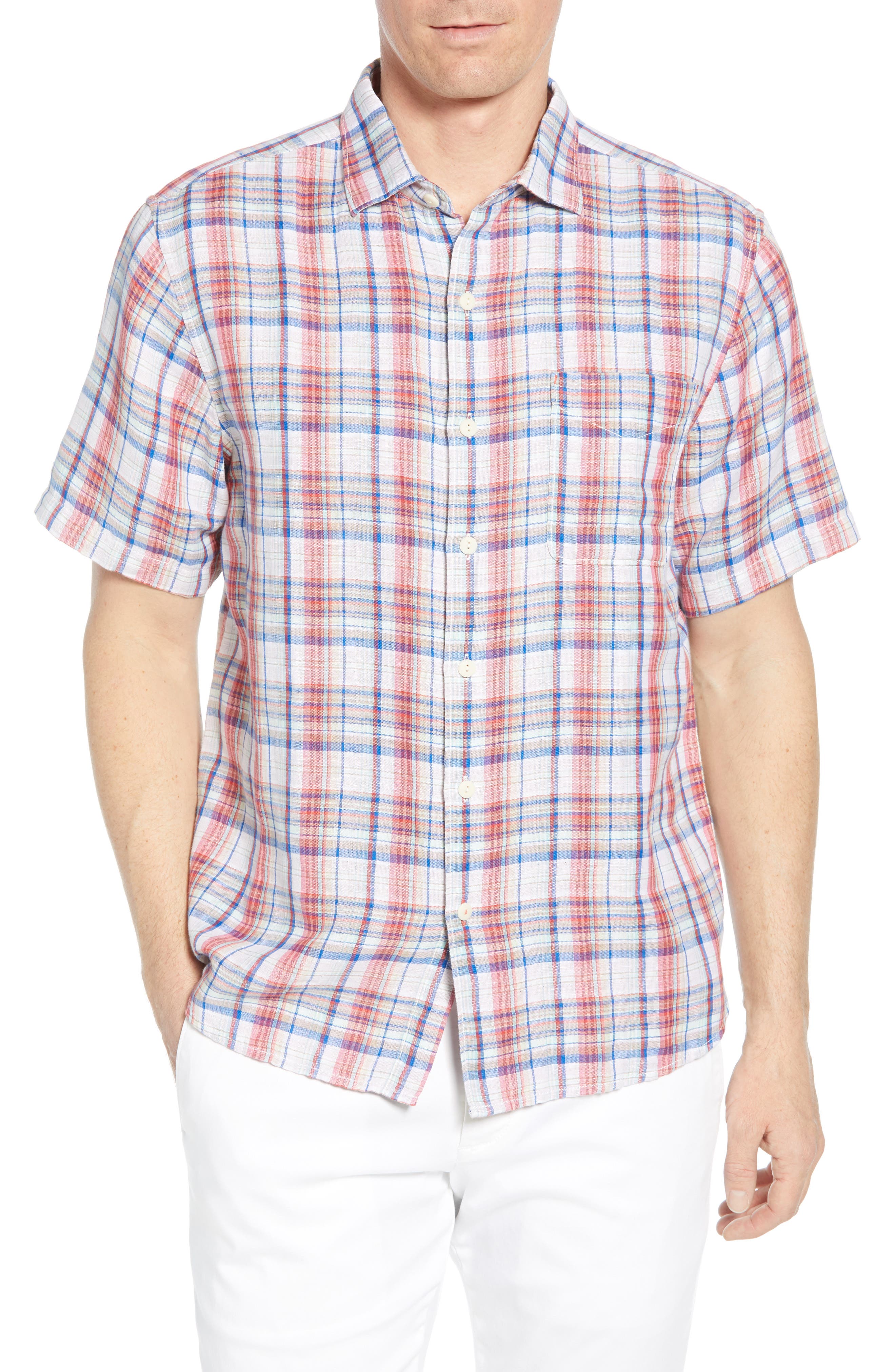 Tommy Bahama The Switch Up Classic Fit Plaid Short Sleeve Linen Blend Button-Up Sport Shirt, Orange