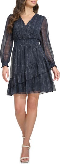 DKNY Long Sleeve Ruffle Fit & Flare Dress