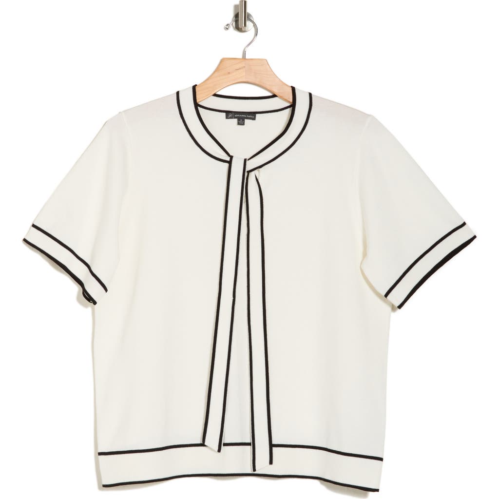Adrianna Papell Tipped Tie Neck Short Sleeve Sweater In Ivory/black