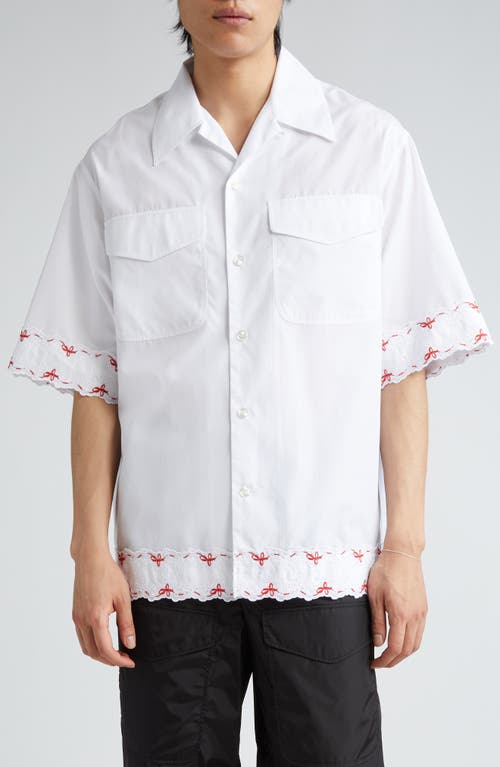 Simone Rocha Bow Embroidered Lace Trim Cotton Poplin Camp Shirt In White/white/red