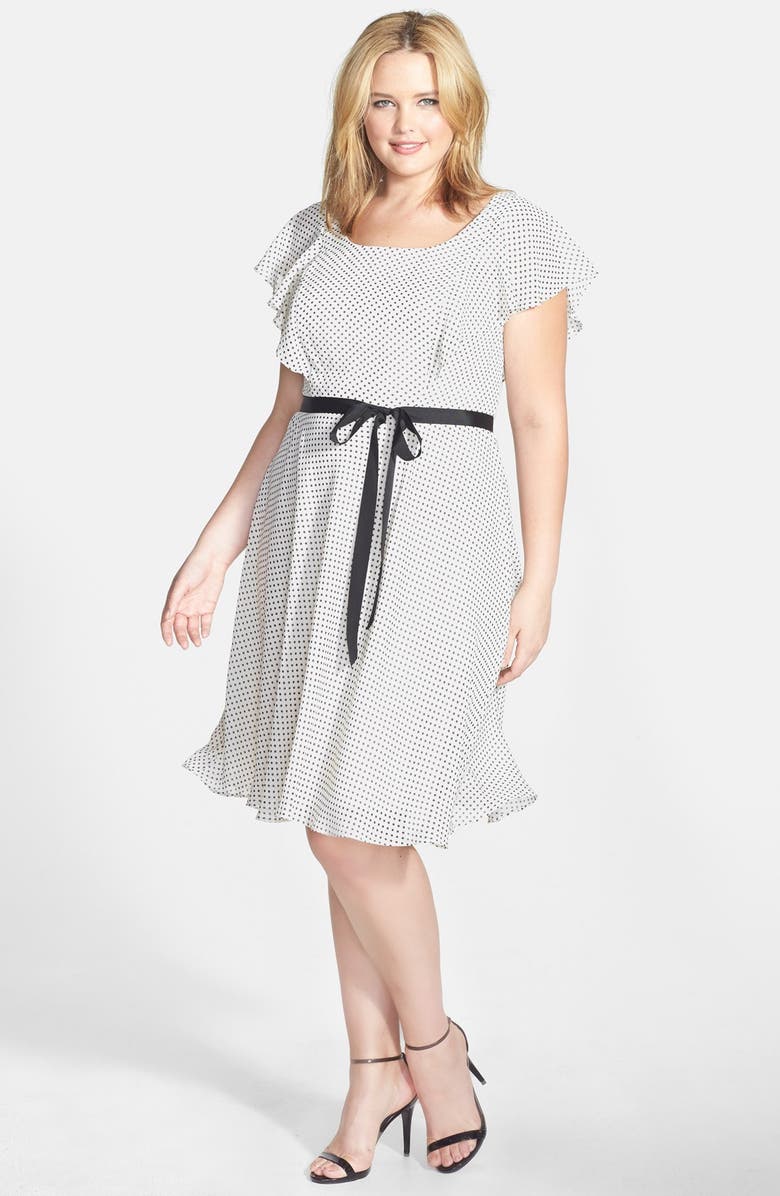 Adrianna Papell Dot Print Ruffle A-Line Chiffon Dress (Plus Size ...