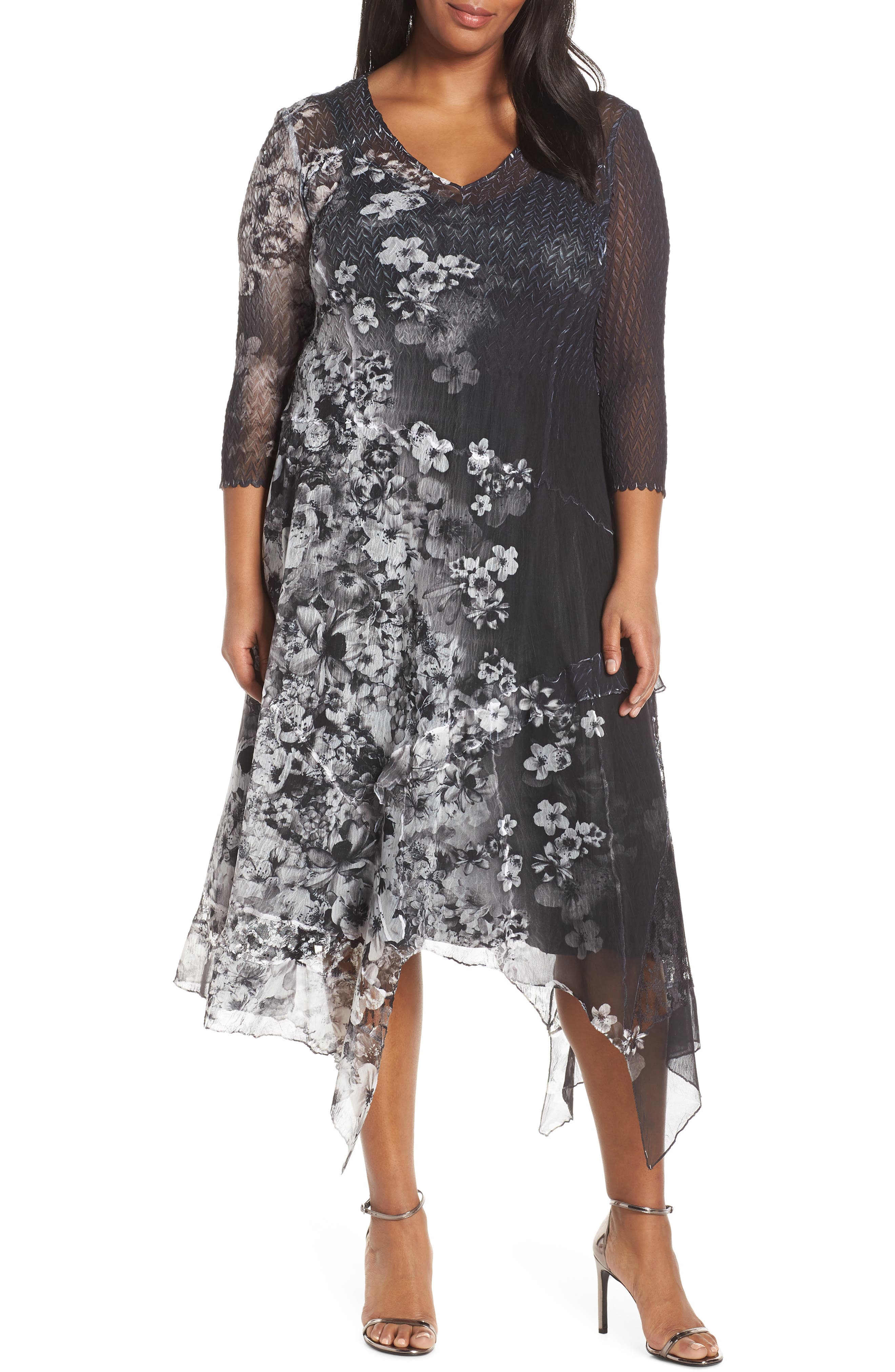 Plus Size Komarov Handkerchief Hem Cocktail Dress, Black