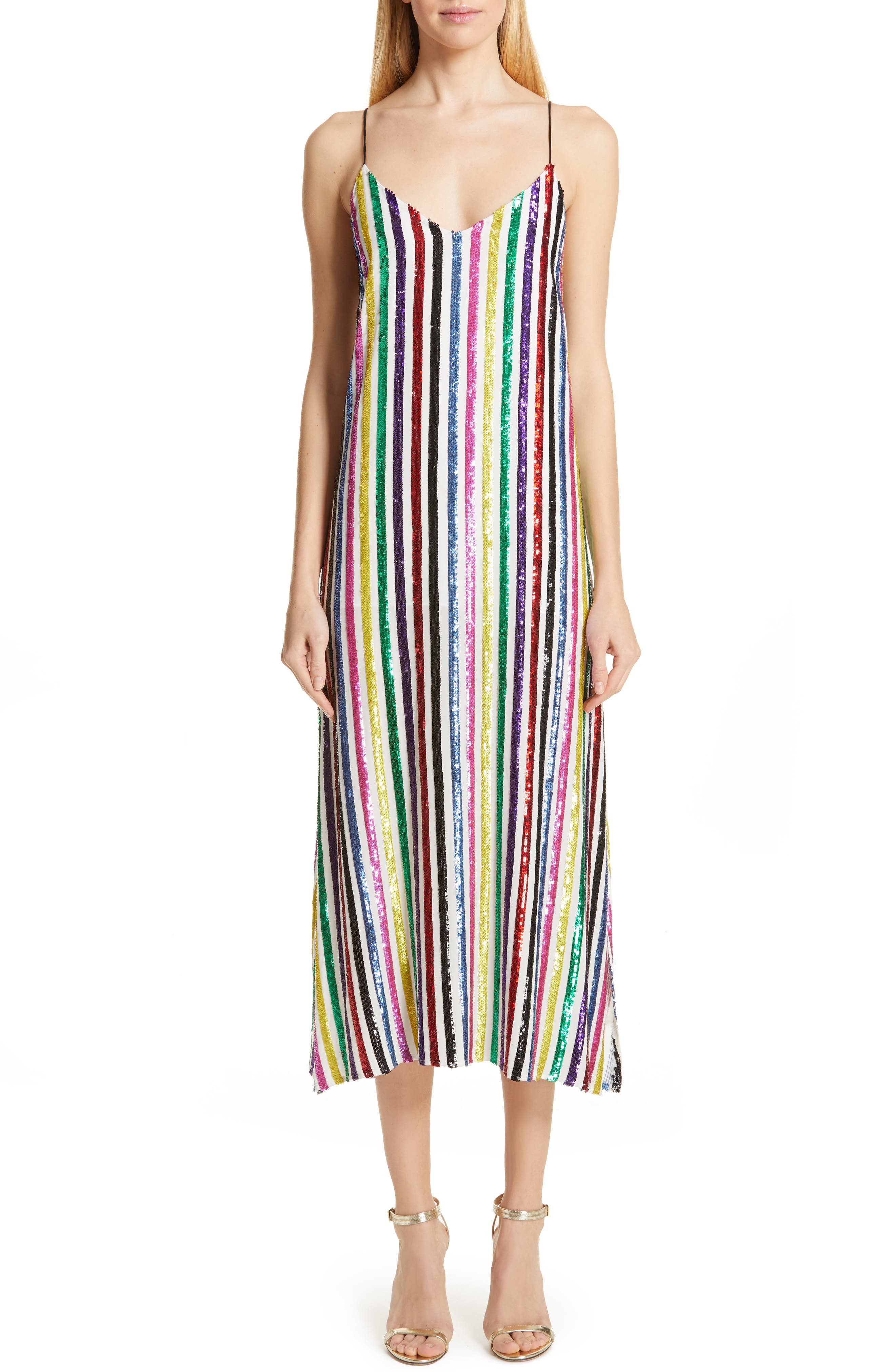 caroline constas rainbow sequin midi dress