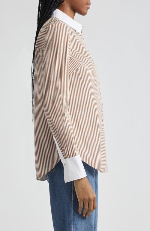 Shop Veronica Beard Marisol Stripe Contrast Detail Cotton Blend Button-up Shirt In Deep Ochre/white