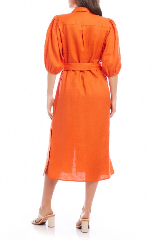 Shop Karen Kane Puff Sleeve Linen Midi Shirtdress In Orange