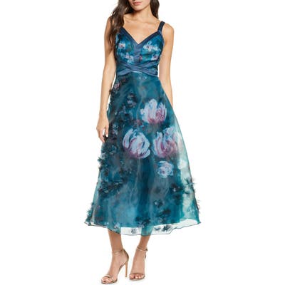Marchesa Notte Embellished Floral Print Organza Midi Dress, Green