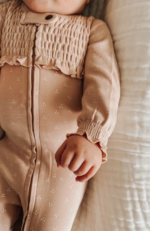 L'ovedbaby Smocked Organic Cotton Zip Footie In Rosewater Dots