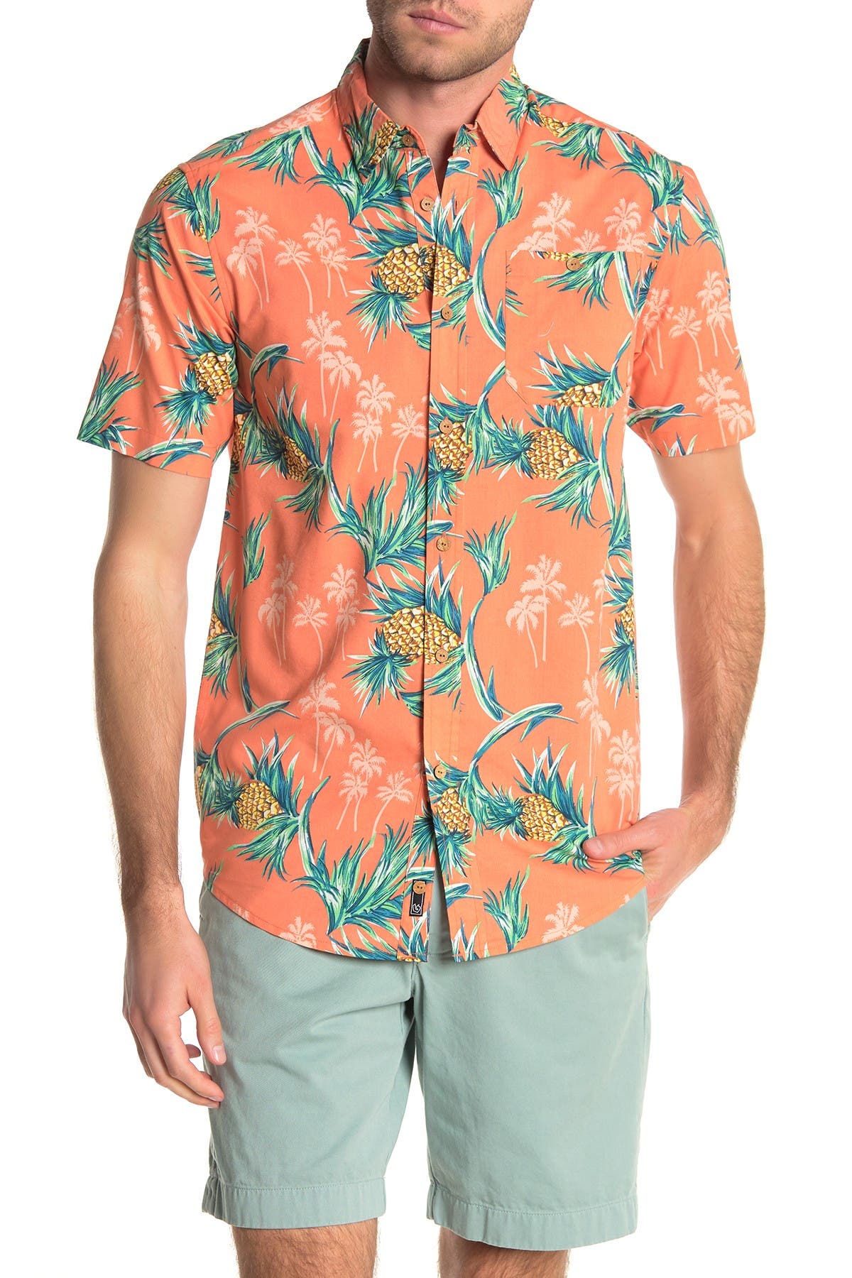 Burnside Tropical Print Short Sleeve Regular Fit Shirt In Coral
